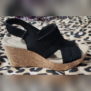 Clarks Black Cork Wedge Sandals